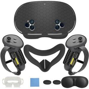 EaJ 메타 퀘스트 3S용 MTomatoVR 7 in 1 실리콘 커버 세트 컨트롤러 그립이 있는 VR 액세서리 페이스 프로텍터 블랙 3용