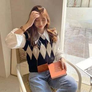 [콩심팥심]여성 아가일 레이어드 니트 조끼 브이넥 니트베스트