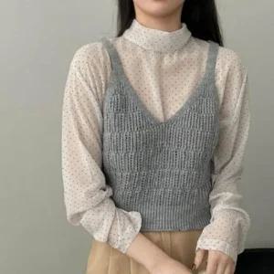 카라티 조끼 펀칭 니트 여자 니트티 가벼운 레이어드 여성 반팔 스타일 그물