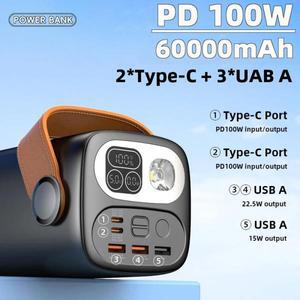 새로운 PD100W 휴대용 전원 은행 빠른 충전 60000mAh 외부 배터리 팩 아이폰 캠핑 야외 장비
