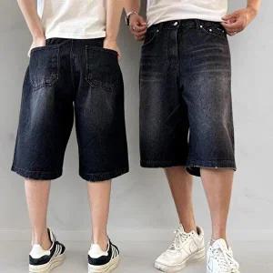 [옷자락]남성 블랙 버뮤다 캣워싱 5부 와이드 비스코스 청바지