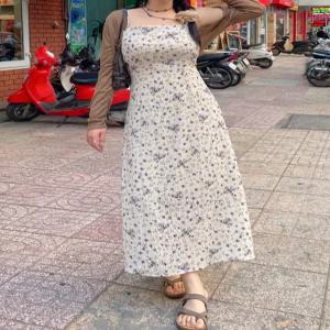 빅사이즈 보라꽃 원피스 레이어드 나시 뷔스티에 여름 휴양지 비치 동남아 여행룩 롱원피스