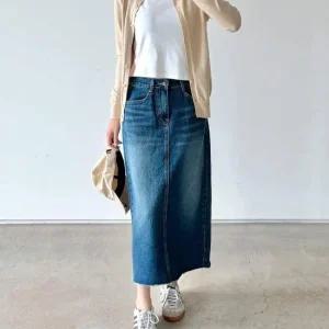 여자 빅사이즈 청치마 컷팅 트임 워싱 롱스커트