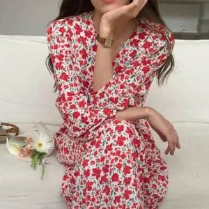 여자 쉬폰 모두팜 쉬폰원피스 원피스 브이넥 플라워패턴 레드무드 모두팜2컬러