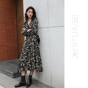 롱원피스 긴팔 가을 쉬폰 봄 롱 원피스 A라인 쉬폰원피스 패턴 플라워