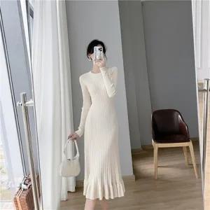 [다잇템] 여자 스웨터 슬림핏 롱 롱슬리브 골지 프릴 원피스