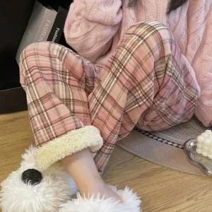 [모노무드]LMO 레이디스 동절기 고무줄 타탄 털 보온성트라우저 슬랙스 유니크 핑크