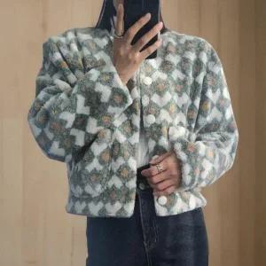 아트박스/신상오픈런 여성 양털 크롭 자켓 노카라 패턴 뽀글이