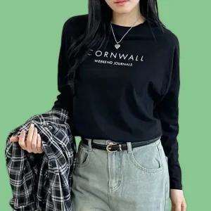 레이디 스프링 F/W 로고프린트순면 상의 롱티 베이직 반팔티 검정 올데이 (WFJSTVA)