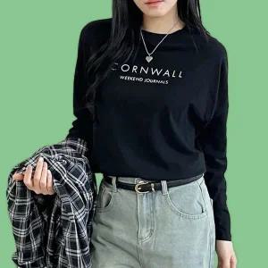 레이디 스프링 F/W 로고프린트순면 상의 롱티 베이직 반팔티 검정 올데이 (WFJSTVA)