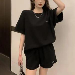 ONM 여성 와플 레터링 트레이닝 츄리닝 반팔 반바지