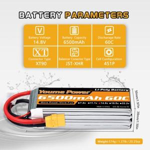 Youmi-4s Lipo 배터리, 14.8V 6500mah 60C T 딘 EC5 XT60, 슬래시 X-Maxx 몬스터 자동차 헬리콥터 보트 RC