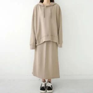 [문에이블]문에이블 데일리 등원룩 편안한 뒷트임 스커트 후드 긴팔 투피스 세트