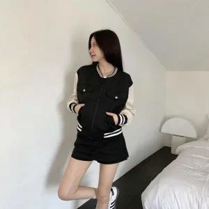 [다잇템] 여자 카라없는 사이드포켓 콘트라스트  공항 바시티 점퍼