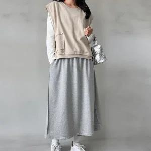 [하프클럽/]여성 아웃스티치 일상복 면 플레어 롱스커트