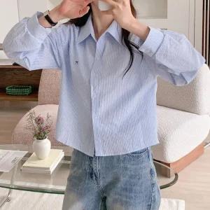 여자 SS 단가라 엷은 리본남방 세미크롭 셔츠_3