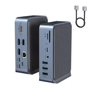 HOPDAY USB C 도킹 스테이션 - 15-in-2 확장 허브 100W PD HDMI 2개 VGA 4개(USB 3.0 2.0 2개) RJ45 이더넷
