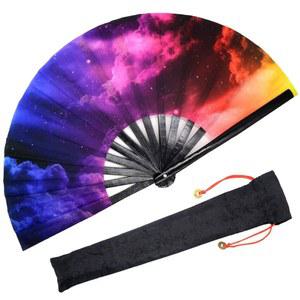 남성/여성용 OMyTea 대형 레이브 접이식 손 선풍기 - 중국/일본 쿵푸 태극 휴대용 선풍기, 패브릭 케이스 포함 공연, 장식, 춤, 축제, 선물용 (은하 성운)