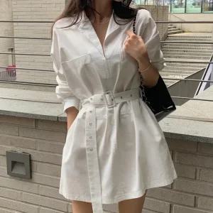 채핏 대딩 데일리셔츠 원피스 긴팔 셔츠 미니 ops 심플 카라 스트랩 벨트 포켓 루즈핏 데일리