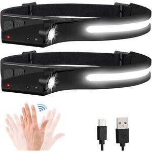 헤드램프 손전등, 2팩 충전식 LED 1200루멘 2COB 230 광폭 빔 헤드라이트, 모션 센서 브라이트 5 모드, 야외 러닝, 캠핑 하이킹을 위한 경량 방수
