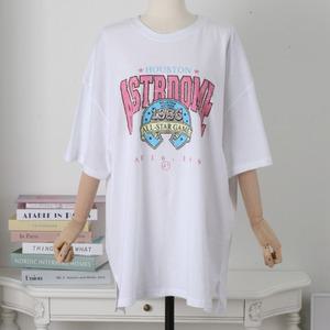 Astrodome T-shirt 아스트로돔 핑크레터링 프린트 면라운드 루즈핏박스 반팔원피스 롱티셔츠