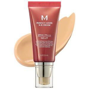미샤 엠 퍼펙트 커버 BB 크림 No.27 허니 베이지 - 중성/웜 언더톤 SPF 42 PA + ++ 1.69 Fl Oz SPF가 함유된 틴티드 모이스처라이저