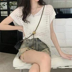 [콩심팥심]여름 레이어드조끼 브이넥 바캉스룩 휴양지 여행룩 여자니트티 여성니트티 롱쪼끼 통풍조끼