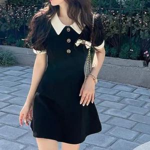 ONM 여성 배색 카라 리본 브로치 검정 반팔 미니 원