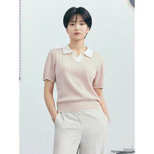 [폴햄](천안아산점) 여성) 케이블 조직 배색 슬릿카라 반팔 니트 (PHE2ET2070)