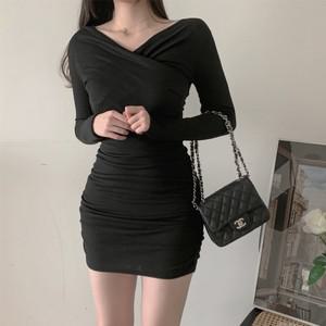엘레무르) 긴팔 미니 원피스 여자 슬림핏 셔링 섹시 파티 스커트-N6