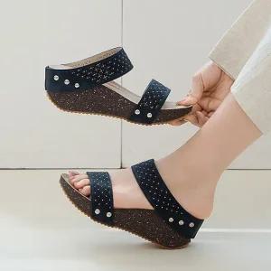 가벼운 웨지 통굽 큐빅 스트랩 퀄리티 슬리퍼 6cm