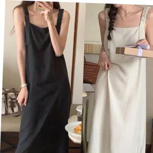 데일리 베이직 블랙 아이보리 뷔스티에 멜빵 롱원피스