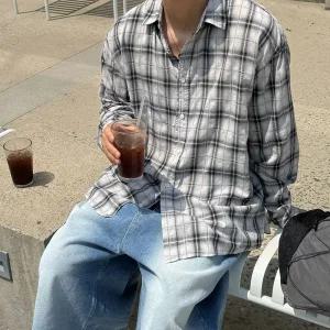레스터 오버핏 피그먼트 체크셔츠 여름 시원한 얇은 휴가 바캉스 긴팔 남방 