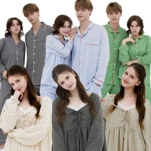 [전품목 10%] 25 FW 신상품 오픈 커플 남성 여성 실크 코튼라이크 소프킨 긴팔 잠옷 세트 원피스 홈웨어 커플파자마