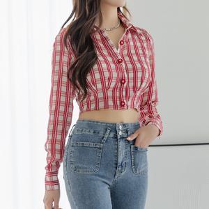 채핏 리거 핀턱체크 크롭셔츠 섹시탑 숏 데일리 캐주얼 쉬폰 여친룩 데이트룩 글램