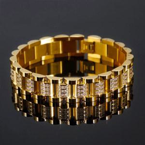 14mm 헤비 펑크 골드 컬러 CZ 지르콘 시계 밴드 팔찌 남성 여성 힙합 티타늄 스틸 스트랩 시계 체인 팔찌 쥬얼리