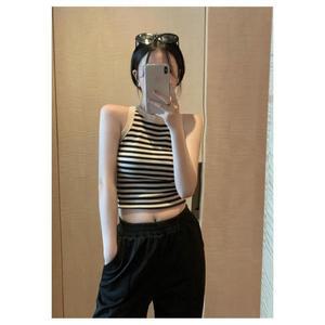 스트라이프 유행베이직 홀터넥 크롭탑민소매티
