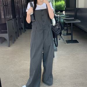 여자 러블리 도트멜빵 단추 핀턱 와이드 면 점프수트