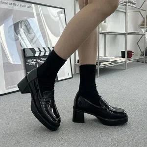 [하프클럽/]통굽 5cm 가보시 하이힐 애나멜 여성 로퍼 구두