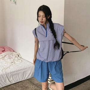 여자 폴라넥 드로우코드 윈드브레이커 줄무늬 힙무드 조끼