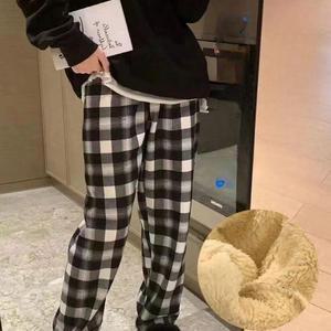 겨울 방한 내추럴일자핏 와이드핏 기모 체크무늬 바지 팬츠