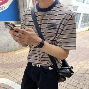 남자 스트라이프 반팔티 오버핏 선라이즈 자수 반팔