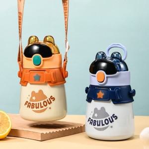 600ML 어린이 열 물병 스테인레스 스틸 밀짚 보온병 머그잔 케이스 만화 누출 방지 진공 플라스크 키즈 써