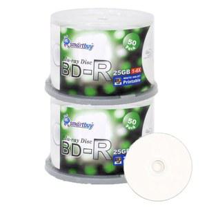 Smartbuy 100 팩 블랭크 녹화 블루레이 인쇄 단층 잉크젯 가능 미디어 Bd-r 25GB 디스크 데이터 화이트 6X 스핀들 비디오