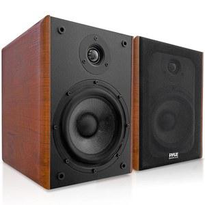 PyleUsa 5 25인치 가정용 나무 책장 스피커, 200W 최대 출력, 1인치 실크 돔 트위터 및 알루미늄 보이스 코일, 페어, 골드 도금 5방향 바인딩 포스트, 고무 서라운드, 아름다운 목재 그레인 마감 - PHQBS52