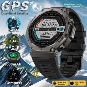 GUHUAVMI T-Rex Ultra GPS 스마트 시계 5 ATM 방수 내장 듀얼 밴드 GNSS 나침반 군용 170+스포츠 Smartwatc