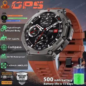 새로운 T-Rex3 GPS 스마트 시계 1.43 AMOLED 디스플레이 내장 나침반 기압 고도계 음성 통화 5ATM IP69K 방