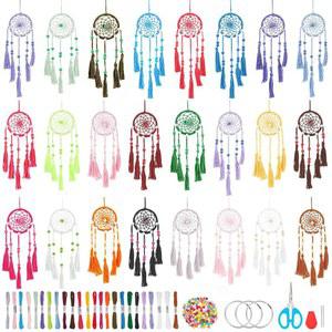 INFUNLY 24PCS 초보자용 소형 드림캐처 키트, 다채로운 수제 DIY 미니 장식품 만들기 침실용 자동차 거울 열쇠고리 가방 보헤미안 장식 공예품 선물