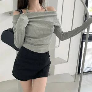 여자 힙무드 줄지 홀터넥 오프숄더 긴팔 니트