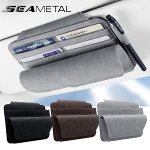 SEAMETAL 차량용 선바이저 정리함 프리미엄 스웨이드 보관 포켓 후크 및 루프 안경 거치대 카드홀더 범용